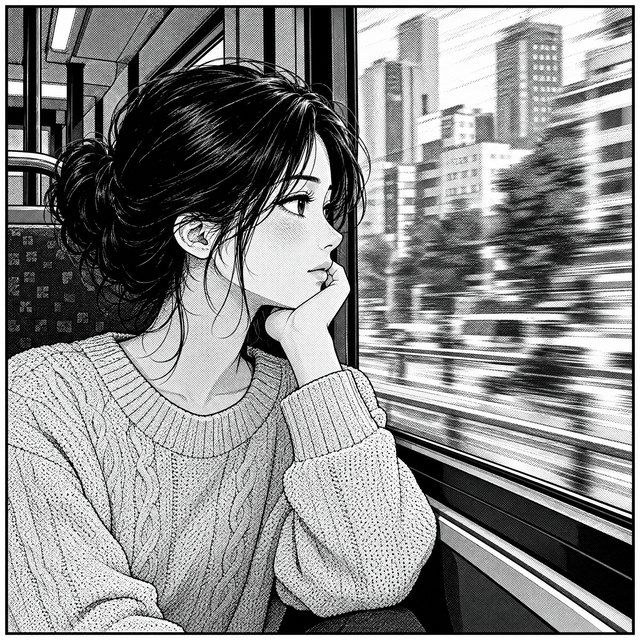 Camdan akıp giden şehir. Manga stilinde çizilmiş kare.
