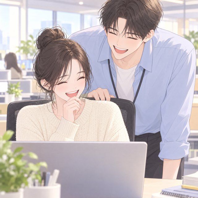 Ekrandaki bir şeye gülüyorlar. Webtoon stilinde çizilmiş kare.