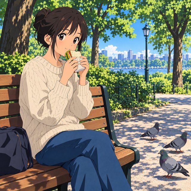 Bankta öğle arası, güvercinler. Anime stilinde çizilmiş kare.
