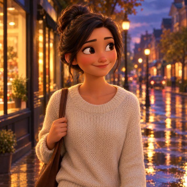 Islak sokakta eve doğru. Disney stilinde çizilmiş kare.